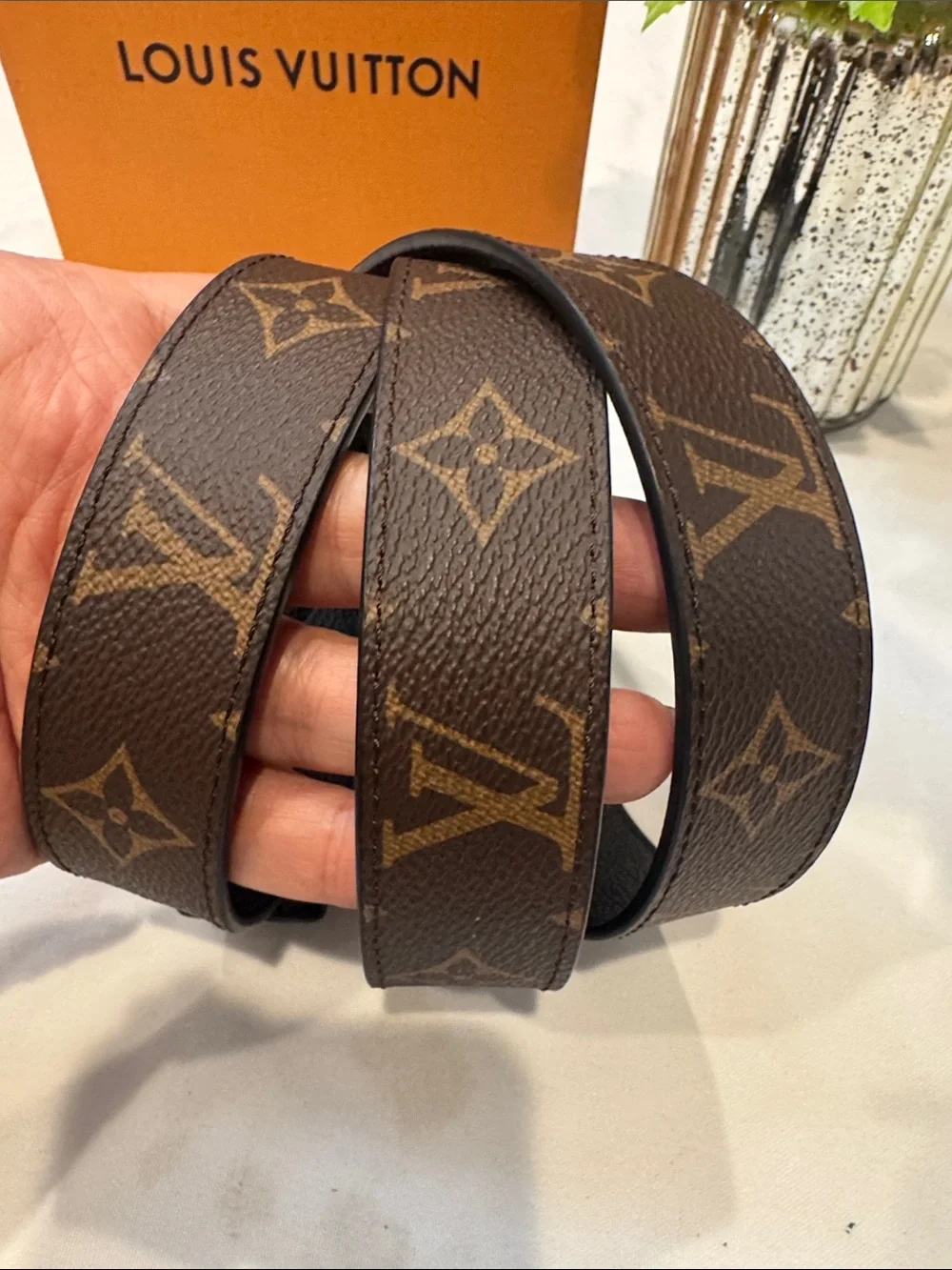 Authentic Louis Vuitton Monogram Brown Canvas Belt with Gold LV Buckle